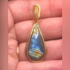 Wire Wrapped Multi Fire Labradorite Pendant Necklace Handmade OOAK